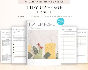 May include: A printable cleaning planner with a white background and black text. The planner includes sections for cleaning goals, room-by-room cleaning, supplies, and a mirror cleaning checklist. The cover features a yellow cleaning glove, a green sponge, and a green and blue cleaning spray bottle. The text on the cover reads "Tidy Up Home Planner".