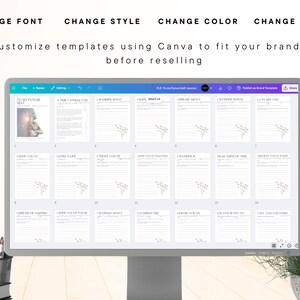 May include: A computer screen displaying a Canva design template for a self-reflection journal. The template includes 24 pages with prompts such as "To My Future Self", "I Hope You're", "I Trust You've", and "I Wonder What".
