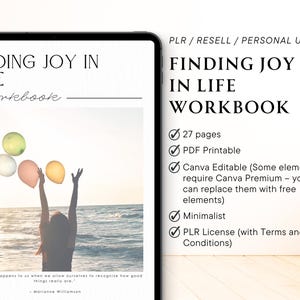 Peut inclure: Un cahier num&eacute;rique intitul&eacute; "Finding Joy in Life" affich&eacute; sur une tablette. L'image pr&eacute;sente une personne en silhouette contre une sc&egrave;ne de plage, l&acirc;chant des ballons color&eacute;s. Le texte &agrave; droite d&eacute;taille les caract&eacute;ristiques du cahier, dont 27 pages et un format PDF.
