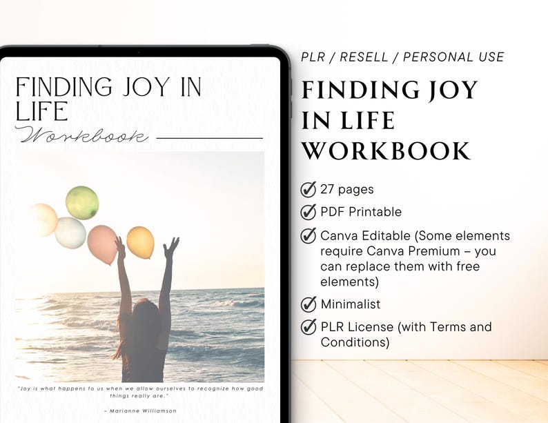 Peut inclure: Un cahier num&eacute;rique intitul&eacute; "Finding Joy in Life" affich&eacute; sur une tablette. L'image pr&eacute;sente une personne en silhouette contre une sc&egrave;ne de plage, l&acirc;chant des ballons color&eacute;s. Le texte &agrave; droite d&eacute;taille les caract&eacute;ristiques du cahier, dont 27 pages et un format PDF.