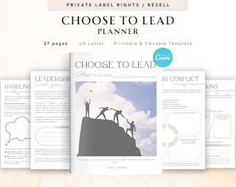 Könnte beinhalten: Ein Planer mit dem Titel "CHOOSE TO LEAD" mit dem Text "Printable & Editable Template". Das Cover zeigt eine Silhouette von Menschen auf einem Berg. Der Planer enthält Seiten mit Eingabeaufforderungen und Ausfüllbereichen.