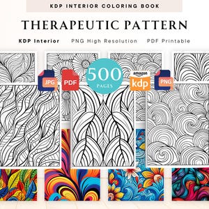 May include: A set of 8 printable coloring pages featuring intricate black and white patterns. The pages are labeled with "KDP Interior" and "500 Pages".
