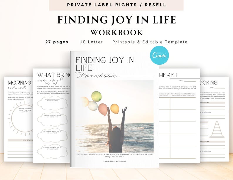 Peut inclure: Un cahier intitul&eacute; "Finding Joy in Life" de 27 pages, format US Letter, mod&egrave;le imprimable et modifiable. La couverture pr&eacute;sente une personne l&acirc;chant des ballons. D'autres pages sont visibles.