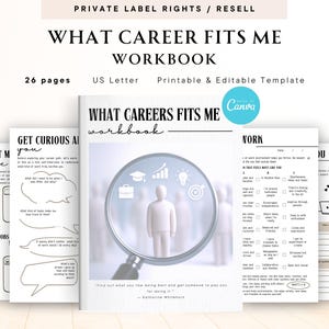 May include: A white workbook titled "WHAT CAREER FITS ME WORKBOOK" with the text "Printable & Editable Template." The workbook has 26 pages and is US Letter size. The cover features a magnifying glass over a person.