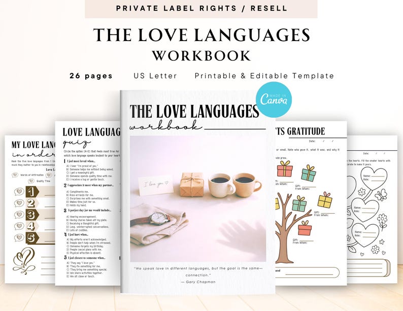 May include: A workbook titled "The Love Languages Workbook" with the text "Private Label Rights / Resell." The cover features the title in large, bold letters. Inside pages include quizzes and gratitude exercises. The workbook is a printable and editable template.