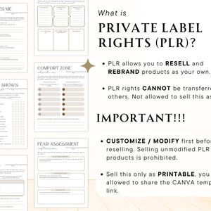May include: A printable worksheet with the title "What is Private Label Rights (PLR)?"  The worksheet explains that PLR allows you to resell and rebrand products as your own. It also states that PLR rights cannot be transferred to others and that you cannot sell the product as PLR. The worksheet also includes important information about customizing and modifying the product before reselling and that selling unmodified PLR products is prohibited. The worksheet also states that the product can only be sold as printable and that you cannot share the Canva template link.