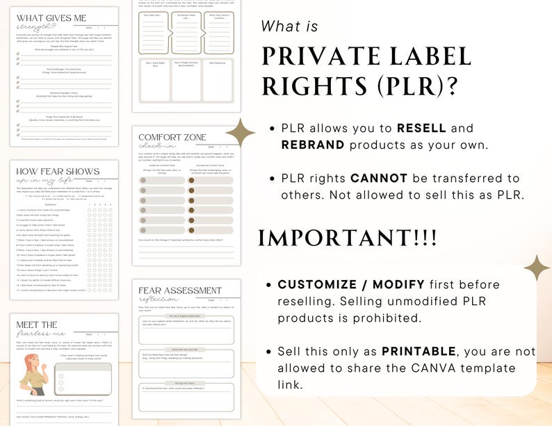 May include: A printable worksheet with the title "What is Private Label Rights (PLR)?"  The worksheet explains that PLR allows you to resell and rebrand products as your own. It also states that PLR rights cannot be transferred to others and that you cannot sell the product as PLR. The worksheet also includes important information about customizing and modifying the product before reselling and that selling unmodified PLR products is prohibited. The worksheet also states that the product can only be sold as printable and that you cannot share the Canva template link.