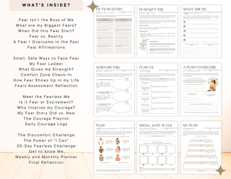 May include: A printable workbook with a beige background and black text. The workbook is titled "What's Inside?" and includes sections on facing fears, overcoming fear, and building courage. The workbook is designed to help people overcome their fears and live a more fulfilling life.