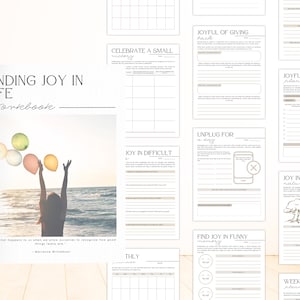 Peut inclure: Un cahier intitul&eacute; "Finding Joy in Life" avec une silhouette d'une personne tenant des ballons. Le cahier comprend des pages pour le journalisme et la planification, avec des invites comme "Joyful of Giving Back" et "Unplug for a Day".