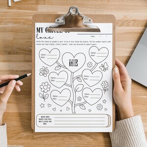 May include: A clipboard with a coloring page titled "MY CIRCLE OF LOVE." The page features a tree with heart-shaped leaves for names and roles, along with butterflies, flowers, and the text "WRITE WHO MAKES YOU FEEL MOST LOVED AND WHY."