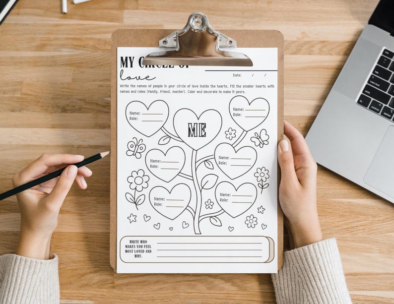 May include: A clipboard with a coloring page titled "MY CIRCLE OF LOVE." The page features a tree with heart-shaped leaves for names and roles, along with butterflies, flowers, and the text "WRITE WHO MAKES YOU FEEL MOST LOVED AND WHY."