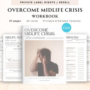 May include: A workbook titled "Overcome Midlife Crisis" with the text "Private Label Rights / Resell." The cover features a blurred image of a person. The workbook includes 27 pages and is a printable and editable template.