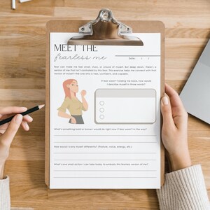 May include: A printable worksheet with the title "Meet the Fearless Me". The worksheet includes prompts to help you identify and embrace your fearless self. The worksheet features a cartoon illustration of a woman with her hand raised in a confident pose.