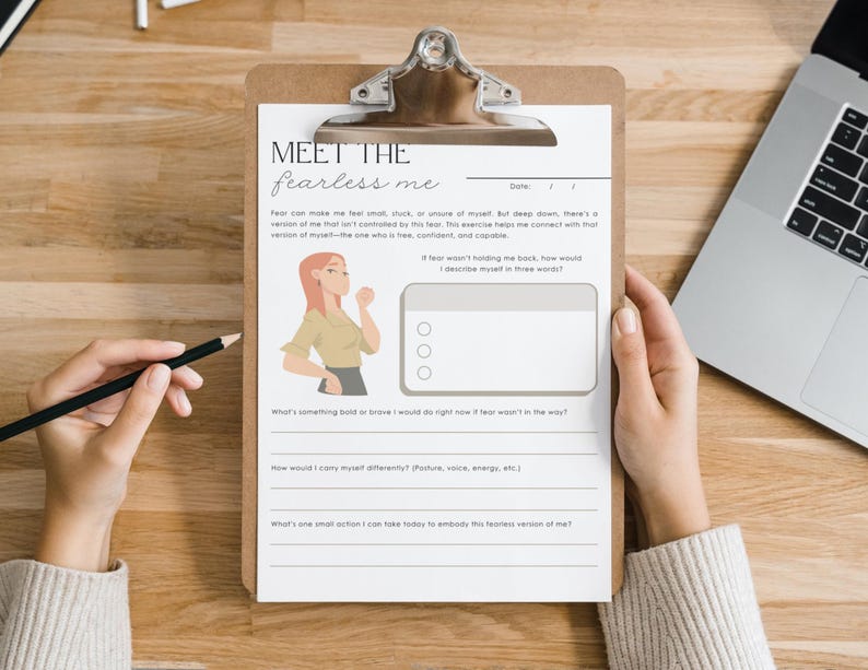 May include: A printable worksheet with the title "Meet the Fearless Me". The worksheet includes prompts to help you identify and embrace your fearless self. The worksheet features a cartoon illustration of a woman with her hand raised in a confident pose.