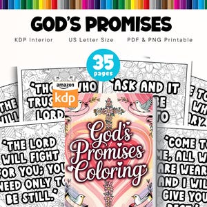 May include: A collection of coloring pages titled "God's Promises Coloring." The pages feature inspirational quotes and illustrations. The cover has a heart design with doves and a cross. The product is US Letter size and has 35 pages.
