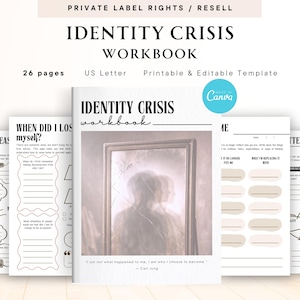 Pode incluir: Um caderno de exercícios intitulado "IDENTITY CRISIS WORKBOOK" com 26 páginas, tamanho US Letter, e um modelo imprimível e editável. A capa apresenta uma imagem desfocada dentro de uma moldura. Páginas adicionais com folhas de trabalho são visíveis.