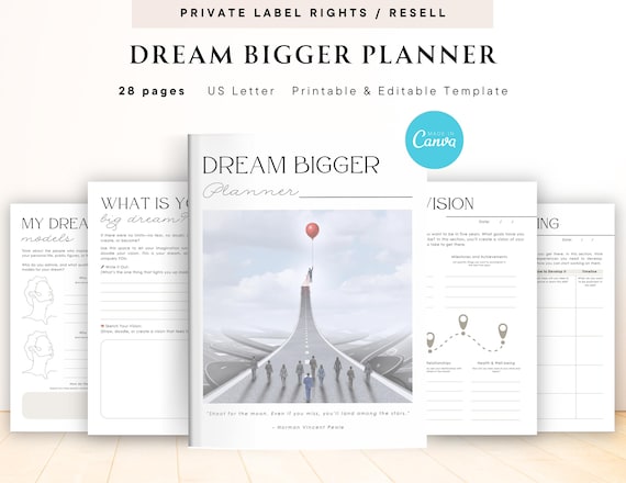 PLR / Resell Dream Bigger Planner for Commercial Use, Printable and Editable Template, Achieving Life Goal Planner, My Dreams Planner