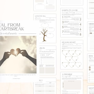 Pu&ograve; includere: Un quaderno di lavoro intitolato "Guarire dal dolore del cuore" con una copertina beige che presenta la silhouette di due mani che tengono un cuore spezzato. Il quaderno include pagine con suggerimenti ed esercizi per guarire dal dolore del cuore, come "L'amore in tutte le sue forme", "Abitudini da evitare durante la guarigione", "Affermazioni del cuore guaritore", "Una promessa a me stesso", "Nuovi inizi" e "Pianificatore mensile".