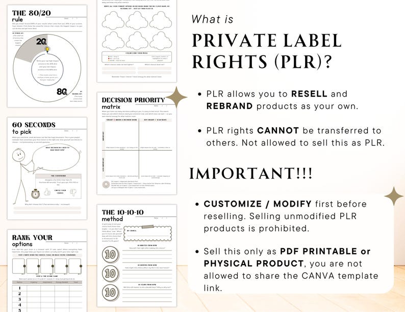May include: A white and beige graphic with text about Private Label Rights (PLR), including the 80/20 rule, a decision matrix, and the 10-10-10 method. The text explains what PLR is and how to use it.