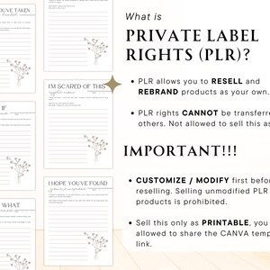 May include: A white printable worksheet with the text "What is Private Label Rights (PLR)?" and bullet points explaining the rights and restrictions of using PLR. The worksheet has a floral design in the corner.