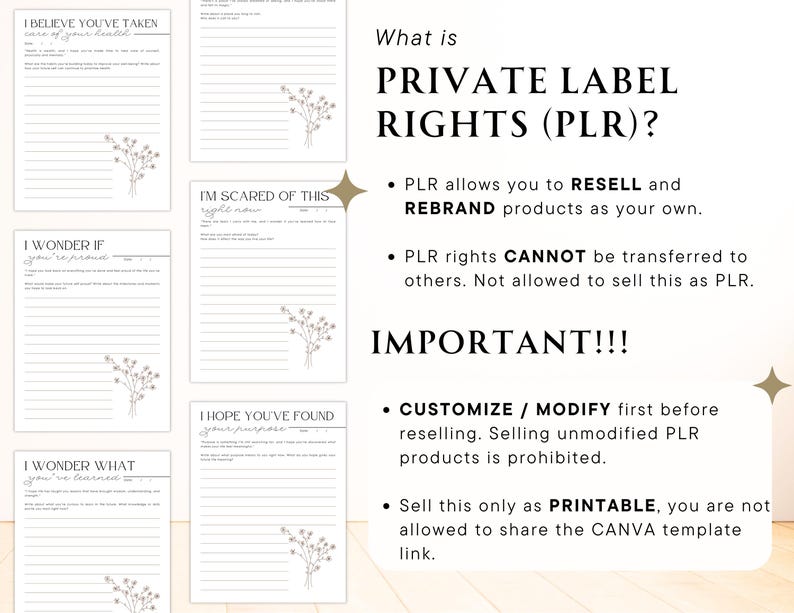May include: A white printable worksheet with the text "What is Private Label Rights (PLR)?" and bullet points explaining the rights and restrictions of using PLR. The worksheet has a floral design in the corner.
