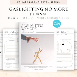 Puede incluir: Un diario titulado "Gaslighting No More" con una portada que presenta una mano controlando una marioneta de madera. El diario incluye 27 páginas y es una plantilla imprimible y editable. Las páginas del diario tienen indicaciones y secciones para rellenar.