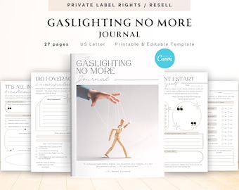 Puede incluir: Un diario titulado "Gaslighting No More" con una portada que presenta una mano controlando una marioneta de madera. El diario incluye 27 páginas y es una plantilla imprimible y editable. Las páginas del diario tienen indicaciones y secciones para rellenar.