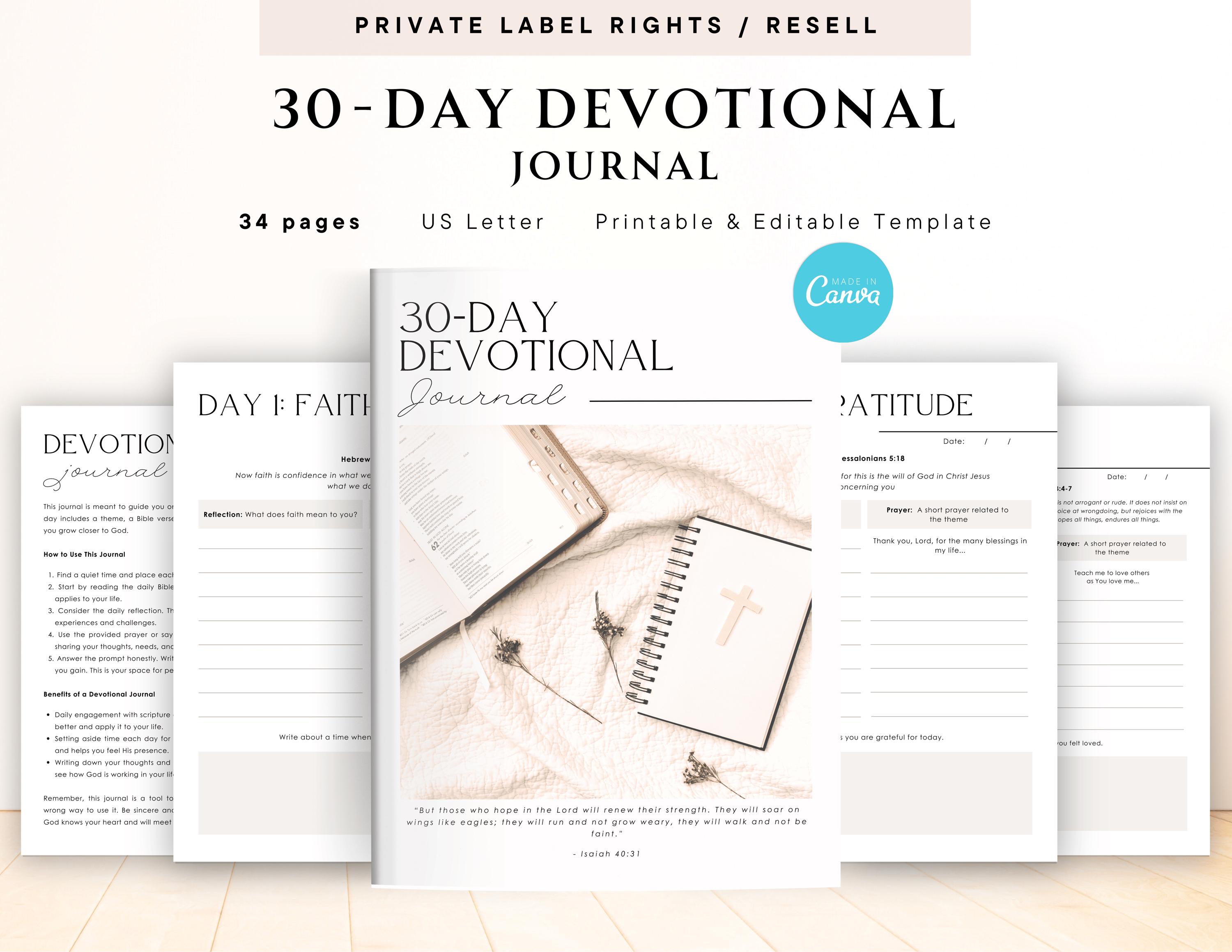 PLR / Resell 30-Day Devotional Journal for Commercial Use, Printable and Editable Template, Scripture Journal, Faith Journal, Devotion