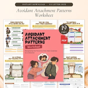 Op de afbeelding: Een digitaal werkblad van 19 pagina's getiteld Avoidant Attachment Patterns. De omslag is roze met een illustratie van een persoon die naar een ander reikt die wegkijkt. Het document bevat secties over beschermende stijlen en emotionele omgevingen.