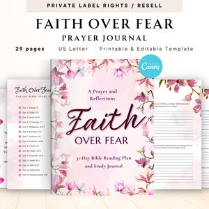 Puede incluir: Un diario de estudio bíblico y plan de lectura de 31 días imprimible con un diseño floral rosa. La portada presenta el texto "Faith Over Fear" y "A Prayer and Reflections".