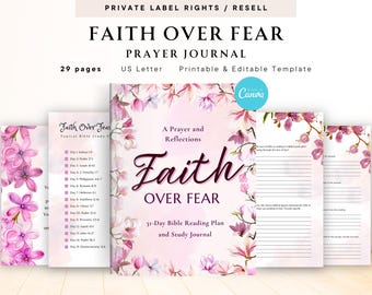 PLR / Resell Faith Over Fear Prayer Journal for Commercial Use, Printable and Editable Template, Devotional Journal, Faith Journal, Bible