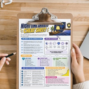 May include: A Nighttime Anxiety Cheat Sheet printed on white paper, secured to a brown clipboard. The document features blue, yellow, and purple text and illustrations, including a bedroom scene, icons for nervous system signs, and bulleted lists.