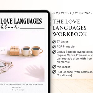 May include: A digital workbook titled "The Love Languages Workbook" with a minimalist design. The image includes a gift box, two mugs of coffee, a card that says "I love you", and a watch. The workbook is 27 pages and PDF printable.