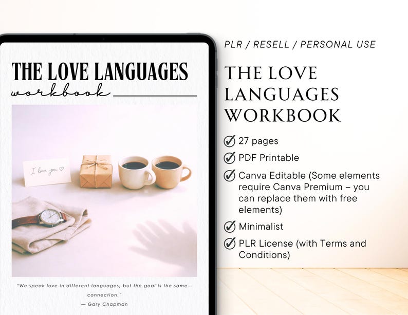 May include: A digital workbook titled "The Love Languages Workbook" with a minimalist design. The image includes a gift box, two mugs of coffee, a card that says "I love you", and a watch. The workbook is 27 pages and PDF printable.