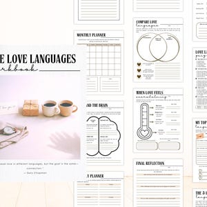 May include: A workbook titled "THE LOVE LANGUAGES workbook" with various interior pages. The cover features a photo with coffee cups, a gift, and a note. Additional pages include a monthly planner, comparison charts, and love language quizzes.