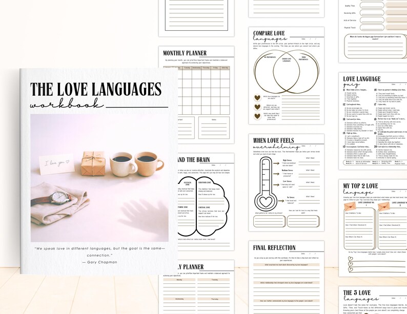 May include: A workbook titled "THE LOVE LANGUAGES workbook" with various interior pages. The cover features a photo with coffee cups, a gift, and a note. Additional pages include a monthly planner, comparison charts, and love language quizzes.