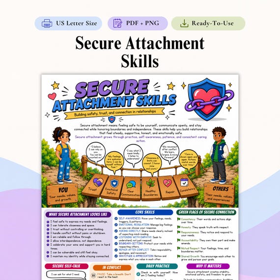 Secure Attachment Skills Cheat Sheet, Healthy Relationship Printable PDF, Attachment Style Guide, Couples Therapy Handout