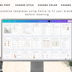 May include: A computer screen displaying a Canva design template for a printable journal. The template is titled "Facing My Fears Journal" and includes several pages with prompts and exercises related to overcoming fears. The text on the screen says "Customize templates using Canva to fit your branding before reselling."
