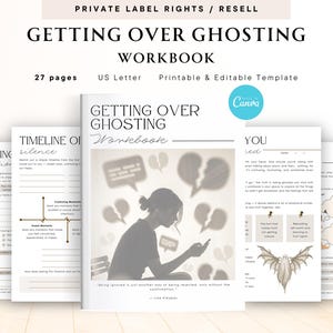 Może przedstawiać: Workbook zatytułowany "Getting Over Ghosting" z tekstem "Printable & Editable Template" i "27 stron". Okładka przedstawia kobietę patrzącą na telefon z grafiką złamanego serca. Workbook jest w formacie US Letter.