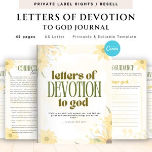 以下が含まれることがあります： 「Letters of Devotion to God」というタイトルのジャーナルで、フローラルデザインです。表紙とページは、柔らかい黄色と白の配色で、「Letters of Devotion to God」というテキストが特徴です。ジャーナルは印刷可能で編集可能なテンプレートです。
