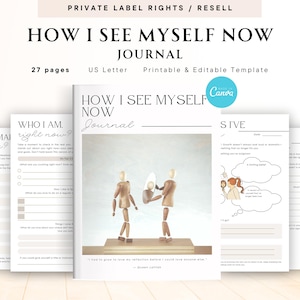 May include: A journal titled "HOW I SEE MYSELF NOW" with the text "27 pages US Letter Printable & Editable Template". The journal is open, revealing several pages with prompts and illustrations. The cover features a wooden figure. The journal is designed for self-reflection.