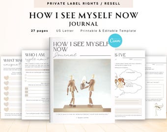 Puede incluir: Un diario titulado "HOW I SEE MYSELF NOW" con el texto "27 pages US Letter Printable & Editable Template". El diario está abierto, revelando varias páginas con indicaciones e ilustraciones. La portada presenta una figura de madera. El diario está diseñado para la autorreflexión.