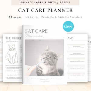 May include: A printable cat care planner with 30 pages. The planner includes sections for cat contacts, a purrfect planner, cat care planner, and vaccination. The cover features a black and white illustration of a cat with a quote about cats.