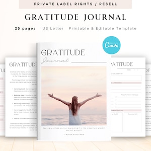 May include: A printable and editable gratitude journal template with 25 pages. The cover features a woman with arms outstretched against a beach background. The text "GRATITUDE JOURNAL" is in a bold, black font.
