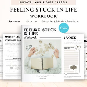 Puede incluir: Un cuaderno de trabajo titulado "Feeling Stuck in Life" con el texto "Workbook" y "Printable & Editable Template". La portada presenta las manos de una persona sosteniendo un cuaderno abierto. Varias páginas son visibles, incluyendo "Why Do Stuck?" y "Where Am Stuckness Sca."
