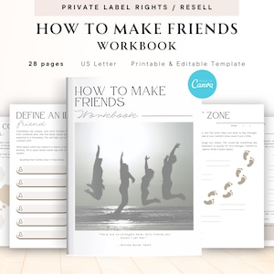 以下が含まれることがあります： 「How to Make Friends Workbook」というタイトルの28ページの印刷可能なワークブック。表紙には、空中に飛び跳ねる3人の白黒画像が描かれています。このワークブックは、人々が友達を作るのを助けるために設計されています。