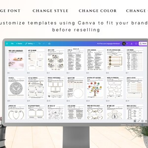 May include: A computer monitor displays a workbook with various templates. The text on the screen reads "The Love Languages Workbook." Additional text includes "Change Font, Style, Color, Cover" and "Customize templates using Canva."