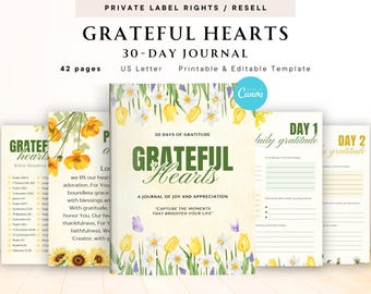 PLR / Resell Grateful Hearts 30-Day Journal for Commercial Use, Printable and Editable Template, Gratitude Journal, Daily Gratitude Journal