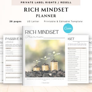 Puede incluir: Un planificador imprimible con el título "Rich Mindset Planner" en un esquema de color beige y blanco. El planificador tiene 28 páginas y está diseñado para ayudar a las personas a desarrollar una mentalidad rica. El planificador presenta una cita de Wayne Dyer: "La abundancia no es algo que adquirimos. Es algo con lo que nos sintonizamos."
