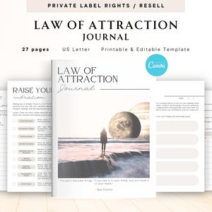 May include: A printable and editable Law of Attraction journal template with 27 pages. The cover features a colorful image of a person walking on a beach with a planet in the background. The text "Law of Attraction Journal" is in a black font on a white background.